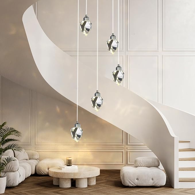 Modern Crystal Pendant Light, 3-Color LED Silver Ceiling Hanging Lamp, for Kitchen Island Bedroom Living Room Dining Room Lighting (5-Head Round Base)