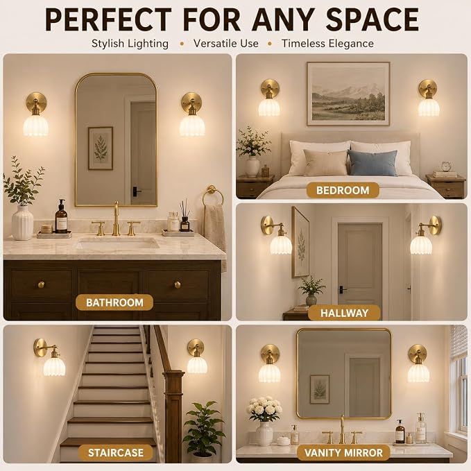 1-Light Gold Brass Bathroom Light Fixture,Wall Sconces set of 2,Brushed Gold Vanlity Light Over Mirror,Bathroom Vanity Light with White Tulip Glass Flower Shade,E26 Socket(Bulbs Not Included)