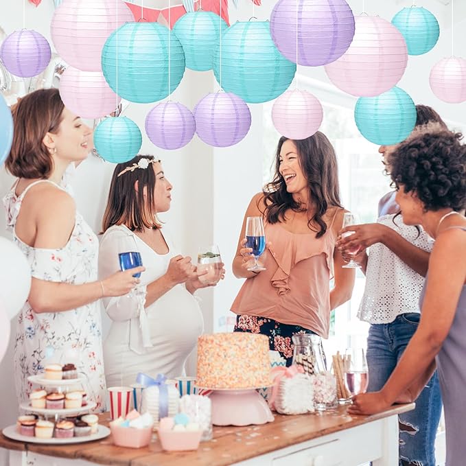 21 Pcs Paper Lanterns Party Decorations, 4/6/8/10 Inch Round Chinese Hanging Paper Lanterns for Mermaid Theme Girl Birthday Party, Wedding, Baby Shower, Graduation, Classroom Ceiling Decorations