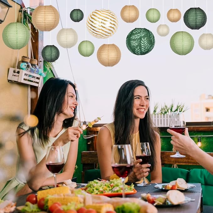 16-Pack Chinese Paper Lanterns, Sage Green Brown Party Decorations | 4/6/8/10/12-Inch Hanging Lanterns with Olive Leaf and Foil Stripes for Jungle Themes, Birthdays, Weddings and Baby Showers