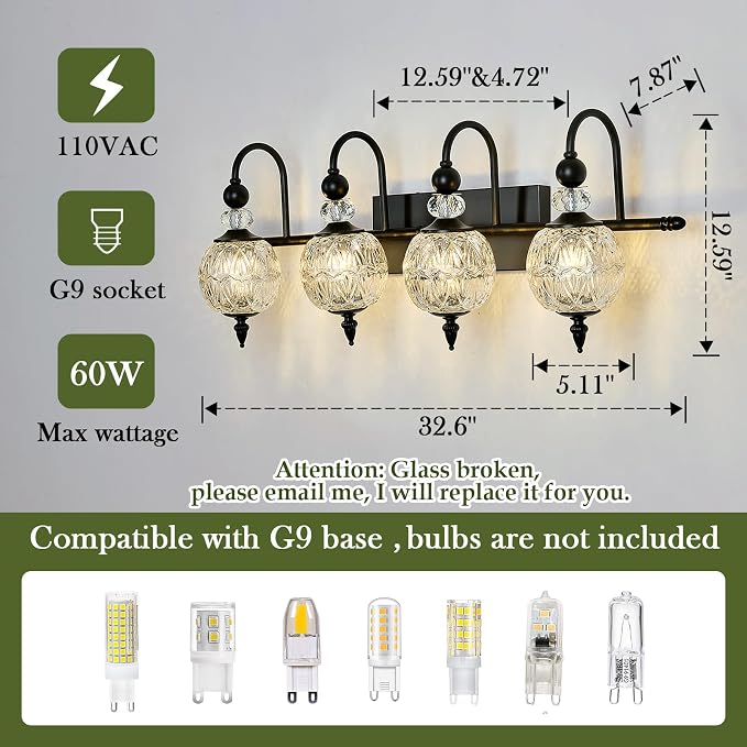 Piepooye Vintage Bathroom Light Fixtures Black Vanity Light with Glass Globe LampShade 4 Lights Mid Century G9 Bulb Wall Sconce Indoor Vanity Light Over Mirror for Kitchen Bedroom Farmhouse