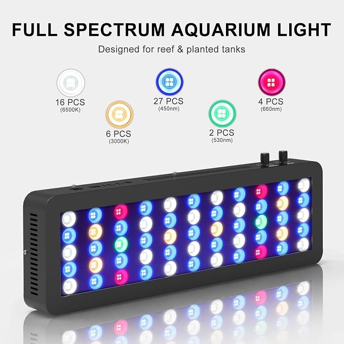 Wills Aquarium Light, 100W Full Spectrum LED Reef Lights, 20"x7"x2.4" | For Coral Saltwater Fish Tank, Blue/White Dual Dimmable Channels, 55 Premium SMD LEDs, Daisy Chain Design, Hanging Kit