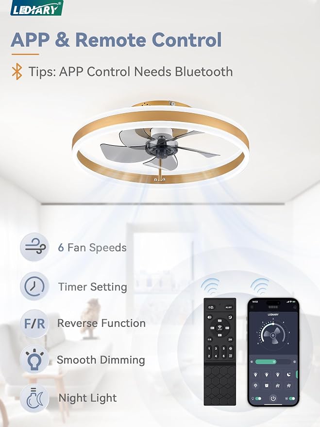 LEDIARY 19.7'' Modern Low Profile Ceiling Fans with Lights and Remote,Gold | 3000-6000K Dimmable LED, 6 Wind Speeds, Quiet Reversible DC Motor, Small Flush Mount Fandelier for Bedroom, Living Room