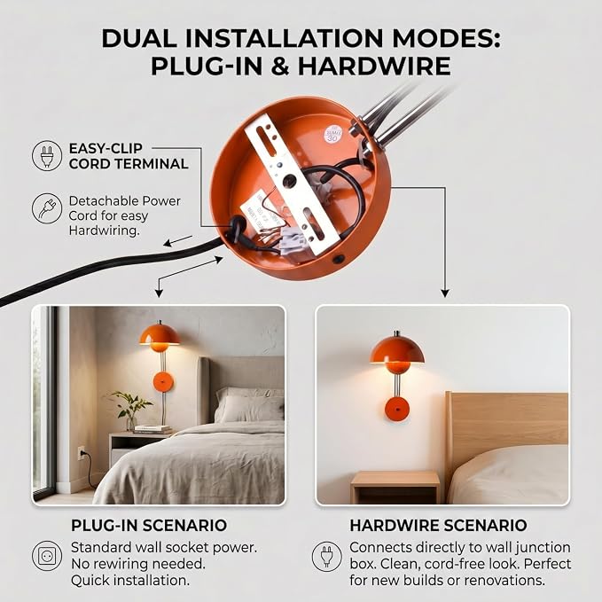 Mid-Century Modern Bud Plug in Wall Sconces for Bedroom, Pastel Orange | Indirect lighting reading wall lamp, all-metal construction, plug-in or hardwired install, fits bedroom bedside, living room