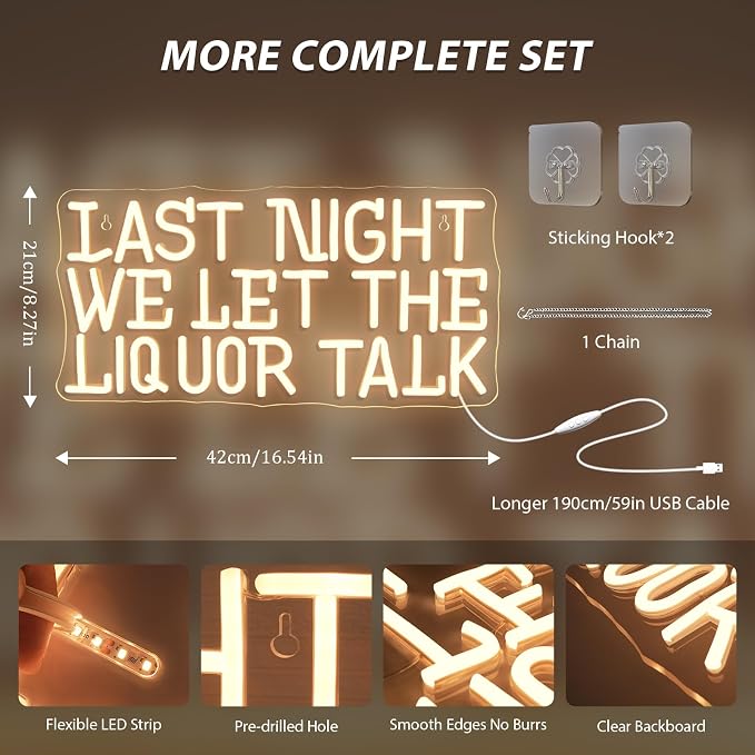 Last Night We Let The Liquor Talk Neon Sign Hilarious LED Bar Wall Decor for Home Bars, Taverns & Party Basements, USB-Powered Adjustable Brightness, Drinking Neon Sign