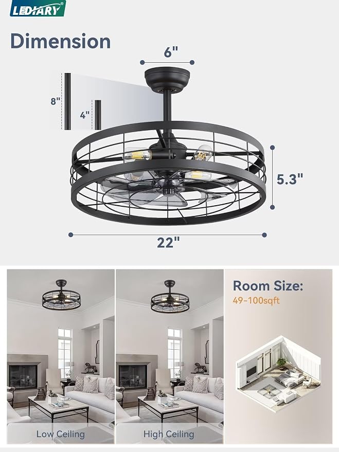LEDIARY 22 inch Farmhouse Caged Ceiling Fan Light with Remote, Black | 6 Speed Adjustable,Timing, Quiet & Powerful DC, Large, Farmhouse, Industrial, Enclosed, Bladeless, Bedroom, Kitchen, Downrod