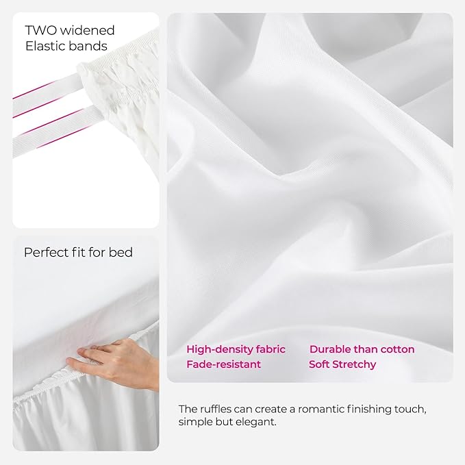 RIMELA White Bed Skirt King Size 16 Inch Drop, Elastic Bed Skirting for Bed Base and Frame, Bedding Dust Ruffle Easy to Install, Lightweight Wrap Around Adjustable Bedskirt