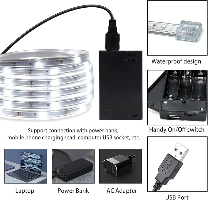 10ft USB LED Rope Light, Waterproof Flexible Strip, Warm White Light, Suitable for Outdoor Camping and Indoor Decor (Battery Box Not Included)