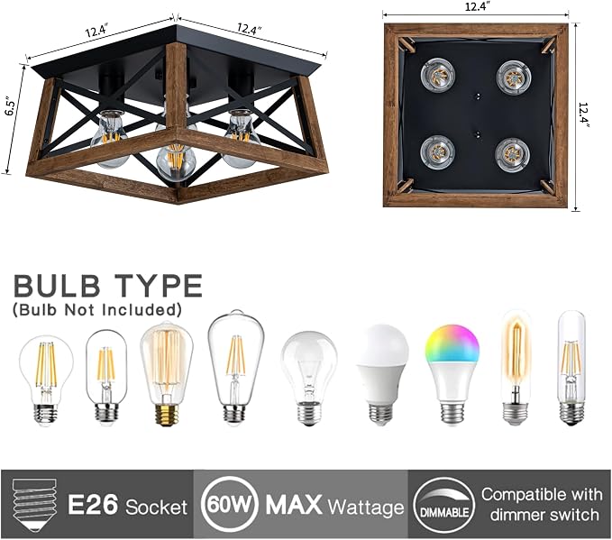 4-Light Famrhouse Light Fixture, Rustic Ceiling Light with Wood and Metal Frame, Farmhouse Flush Mount Ceiling Light for Hallway, Entryway, Bedroom, Kitchen, Living Room