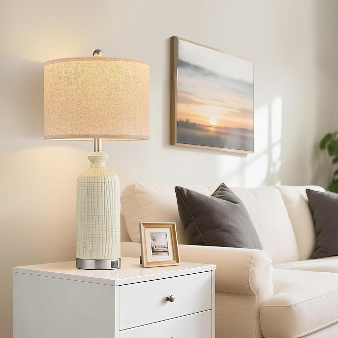 Living Room Lamps Set of 2, 27" Touch Lamps for Nightstand with USB A+C Ports, Modern Farmhouse Table Lamps for Bedroom, Beige