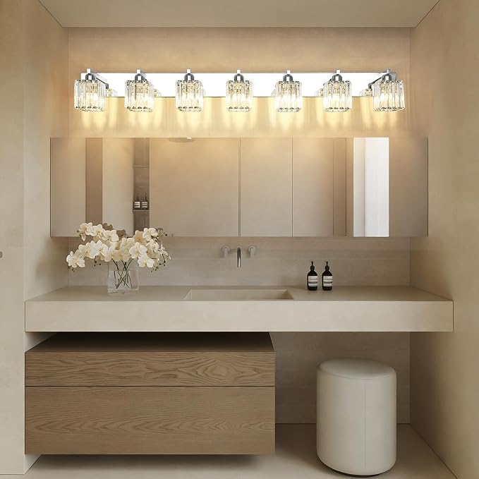 Aipsun Bathroom Vanity Light Fixtures Chrome Vanity Light for Bathroom Crystal Vanity Lighting Fixtures 7 Light (Exclude Bulb)