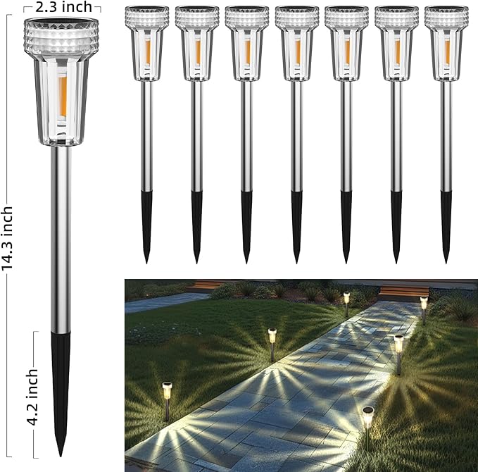 DERAYSION 12 Pack Solar Pathway Lights Outdoor, Auto Dusk-to-Dawn Landscape Garden Lighting, Waterproof Stainless Steel Pole Lighting for Path, Yard, Walkway, Garden, Driveway Decor - Warm White