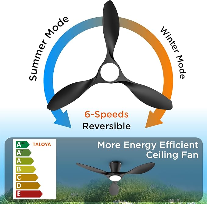 TALOYA 42 Inch Black Ceiling Fans with Lights Led Remote Control Flush Mount Low Profile for Bedroom Farmhouse Patio Outdoor Living Room Kitchen Dining Room,DC Motor,Reversible