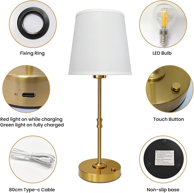 Gold Portable Cordless Table Lamp, Rechargeable Bedside Lamp, Tall | 3000mAh battery, touch stepless dimming, 2700K warm light, fabric shade and USB-C charging for bedroom, nightstand and desk.