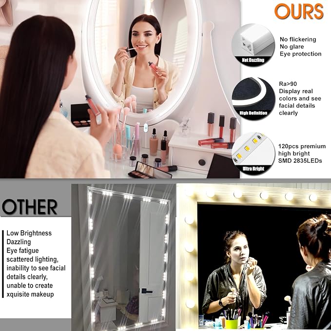 LED Vanity Mirror Lights, Hollywood Style Makeup Lighting, 6.6FT/6000K/Dimmable/12V Adapter/Self-Adhesive Strip Lights for Mirror, Lighting for Makeup Table & Bathroom