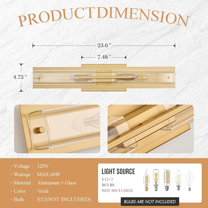 VitaLink Modern Bathroom Vanity Light Fixtures, 24-Inch Gold Modern Glass Bathroom Wall Lighting Fixtures Over Mirror Wall Mounting Lighting for Living Rooms Hallways Bedrooms