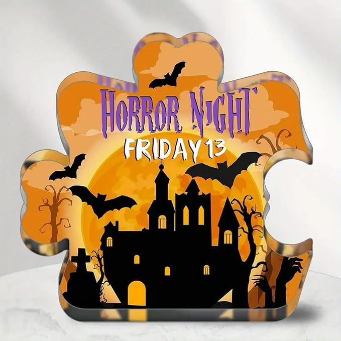 Happy Halloween Decor Acrylic Puzzle-Shaped Desk Sign Plaque Decorations Present Gifts Halloween Horror Night Bat & Castle Pattern Designs for Home and Office Desktop Ornaments Supplies