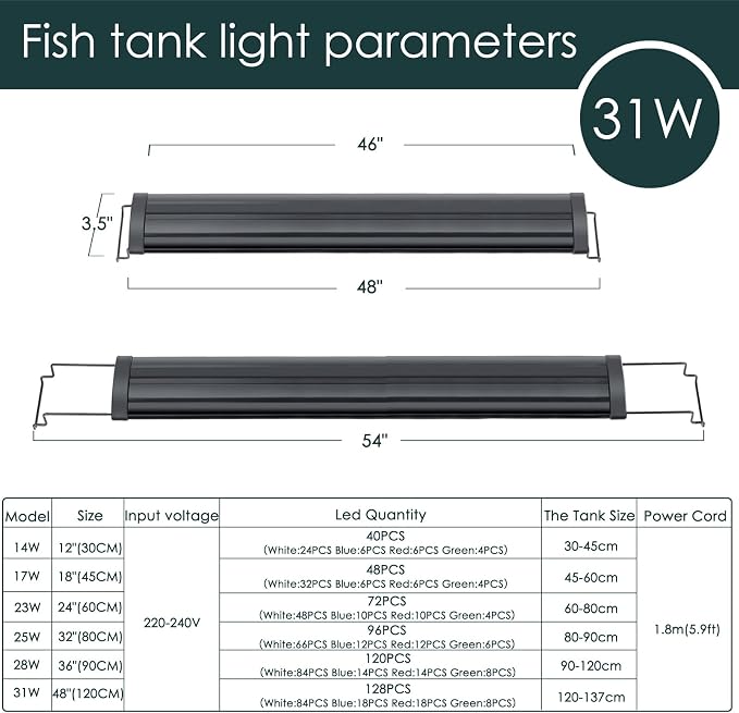 AQQA Aquarium Light,Full Spectrum LED Fish Tank Lights | 12"-54" Adjustable Multi-Color White Blue Red Green LEDs with Extendable Brackets,14W-31W for Freshwater Plants 31W (48"-54")