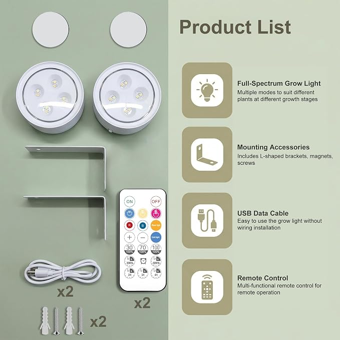 2 Pack Rechargeable Grow Light for Indoor Plants, Cordless Light | Magnetic Plant Lights for Indoor Growing, Full Spectrum LED Lighting with Timer & Remote, Stepless Dimming for Plant Shelf