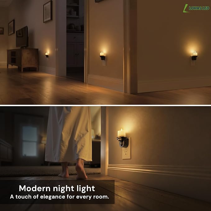 L LOHAS LED Flameless Candle Night Light, Flicker Night Lights Plug into Wall 2 Pack, Soft White Candle Nightlight with Light Sensor, Dimmable LED Flickering Nightlights for Kids Hallway Bathroom
