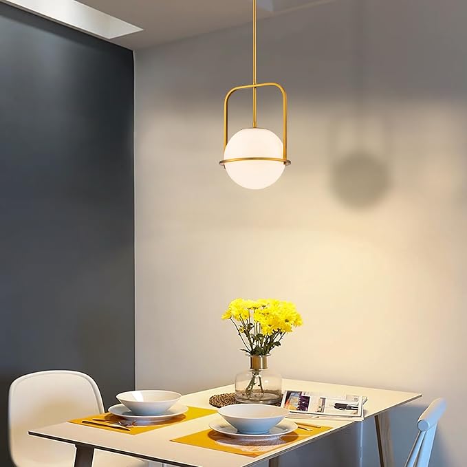 Brass Pendant Light Kitchen Island, 1-Light Modern Hanging Light Fixture, Adjustable Height Ceiling Light with Frosted Glass Globe, E26 Base, Dining Room, Entryway, Bedroom Lighting, ETL Listed