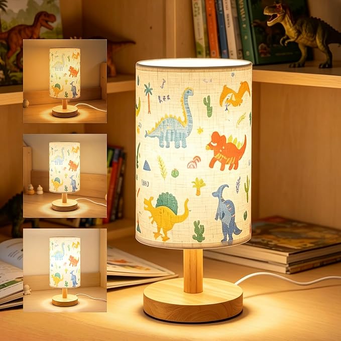 Dinosaur Lamp for Kids Bedrooms Bedside,Dinosaur Room Decor for Boys, 3-Way Dimmable LED Small Night Light with Linen Fabric Lampshade and Wood Base for Bedrooms Living Study,Dino Gifts for Boys