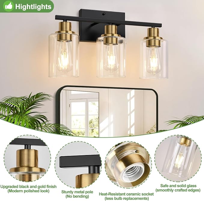 Indoi 3-Light Bathroom Light Fixtures, Black and Gold Modern Vanity Lights with Clear Glass Shades, Bathroom Wall Lamp for Mirror Living Room Cabinet Bedroom Porch