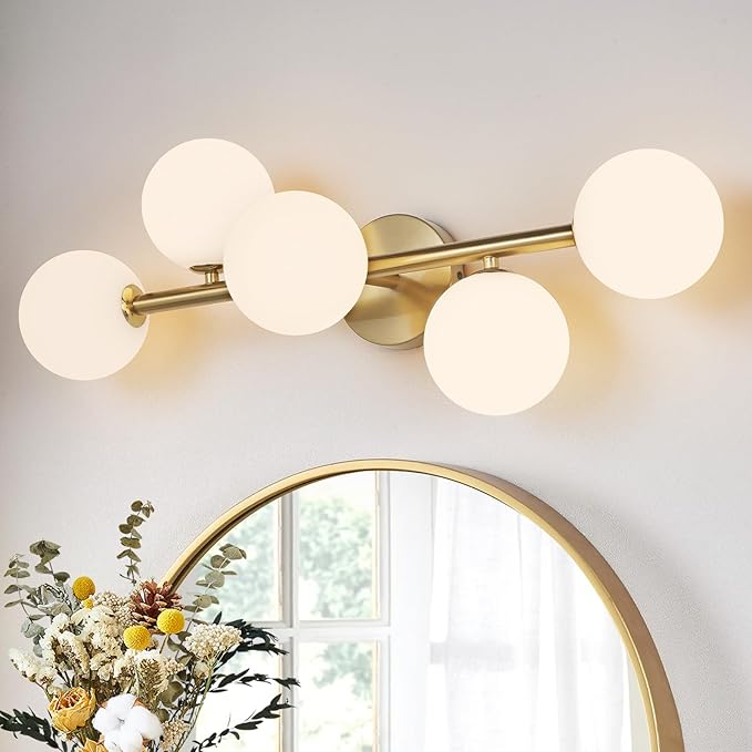 27" Mid Century Modern Globe Brushed Gold LED Bathroom Vanity Light | Mid Century Modern Design, Brushed Gold Finish, Soft Milk White Glass Globes, Integrated Energy-Efficient LED, Over Mirror