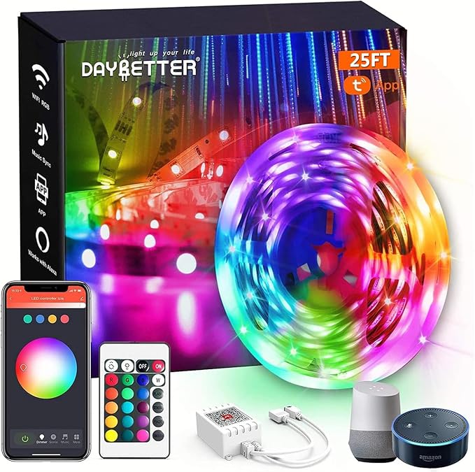 DAYBETTER Smart WiFi Led Lights, Phone App Controlled, Compatible with Alexa and Google Assistant, Timer Schedule, RGB Strip Color Changing Décor for Bedroom Party Kitchen, 25ft