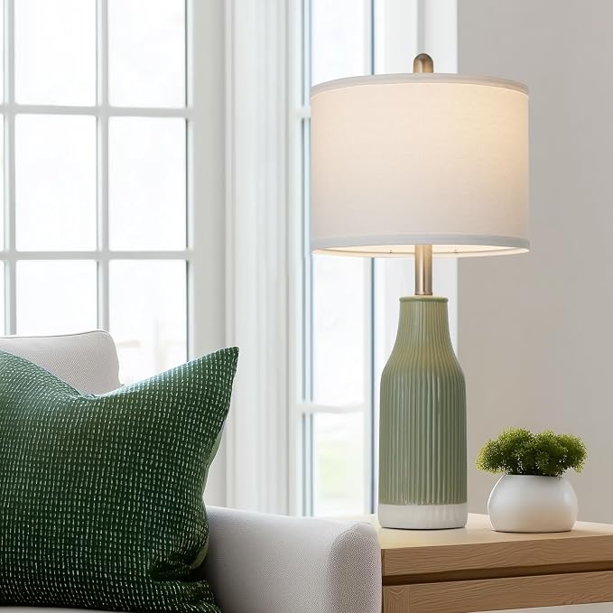 24.5" Ceramic Table Lamp for Bedroom, Sage Green Table Lamp for Living Room End Table, Small Farmhouse Bedside Lamp for Nightstand (1 Pack)