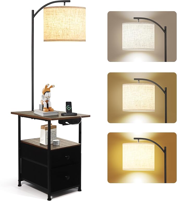 PESRAE Floor Lamp with Table & 2 Drawers, End Table with 3 Color Temperature Reading Light, Side Table Lamp with USB & Type C & AC Charging Port for Living Room, Home Office, Vintage Grey