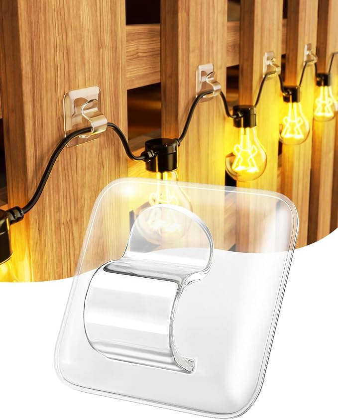 LZC 50 Pack Clear Adhesive Strips Hooks for Outdoor String Lights Clips | Large Square Heavy Duty Waterproof Sticky Light Hook Outside Hanging Rope Christmas Light Cable Cord Holders Organizer