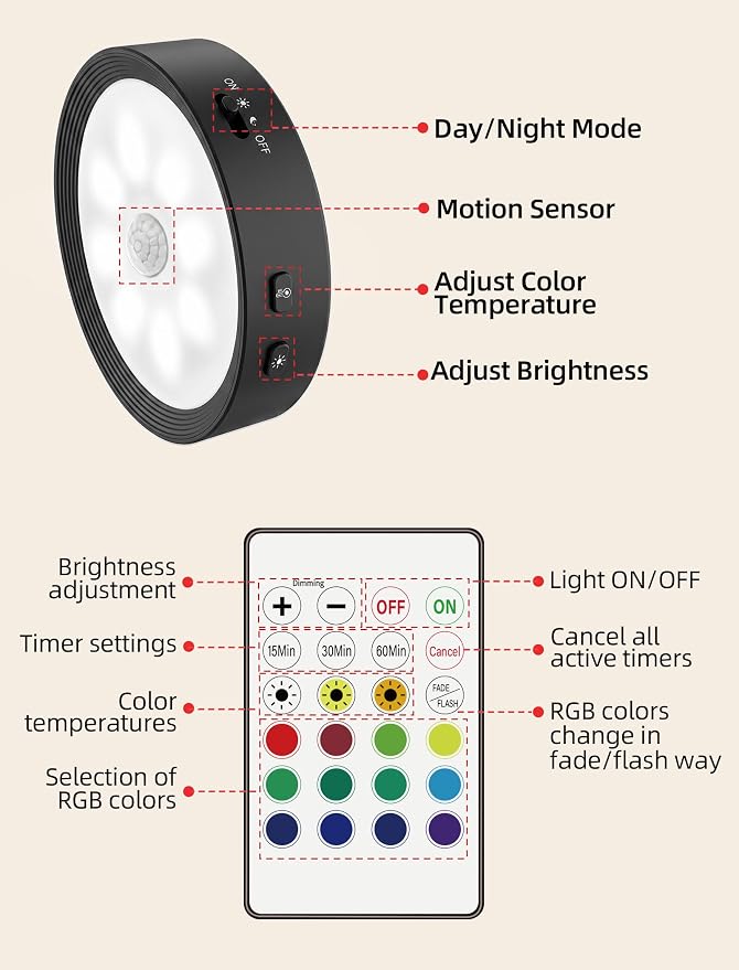 10-PACK Under Cabinet Lighting Rechargeable Puck Lights with Remote Black | 3 color temps & 12 RGB, dimmable, 15/30/60 mins timer, memory, magnetic/stick on, 3.3'' led lights for kitchen, closet, stair