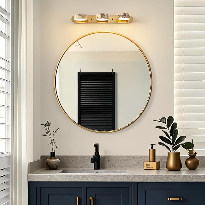 Natural Alabaster Bathroom Vanity Light, 3-Light Adjustable LED Bathroom Light Fixture with Gold Metal Base, 180° Rotatable Marble Wall Sconce for Bathroom Over Mirror, Hallway