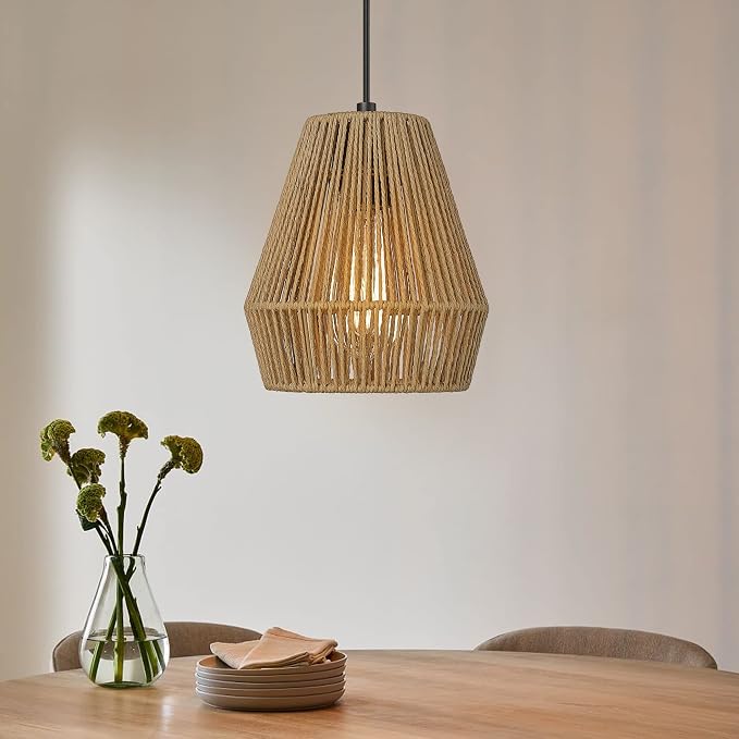 ELYONA Boho Woven Pendant Lights 7” Rustic Rattan Hanging Lamp Adjustable Handwoven Basket Shade, Japandi Pendant Light Fixtures for Kitchen Island, Dining Room, Bedroom, Farmhouse Bar, Foyer Hallway