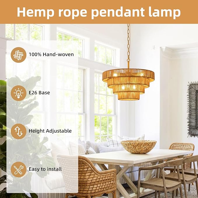 6 Lights Boho Rattan Pendant Light 19.7” Large Farmhouse Chandelier with 3-Tier Wicker Shade Bohemian Gold Ceiling Hanging Light for Dining Room Living Room Kitchen
