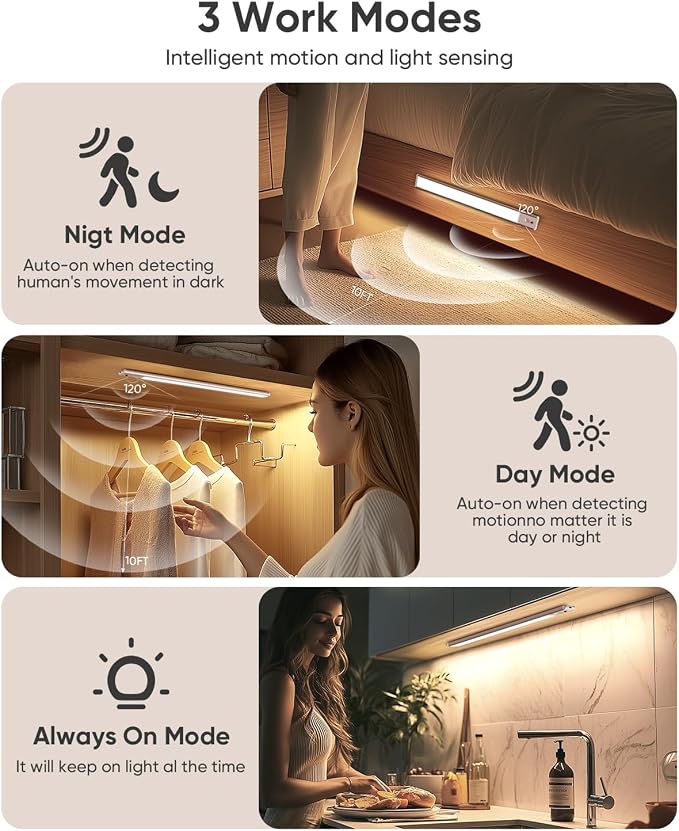 Under Cabinet Lighting Wireless, Rechargeable LED Motion Sensor Light Indoor, Closet Lights with Remote, Timer, 3 Color Temps & Dimmable Magnetic Under Counter Lights for Kitchen, Stairs, 6 Pack