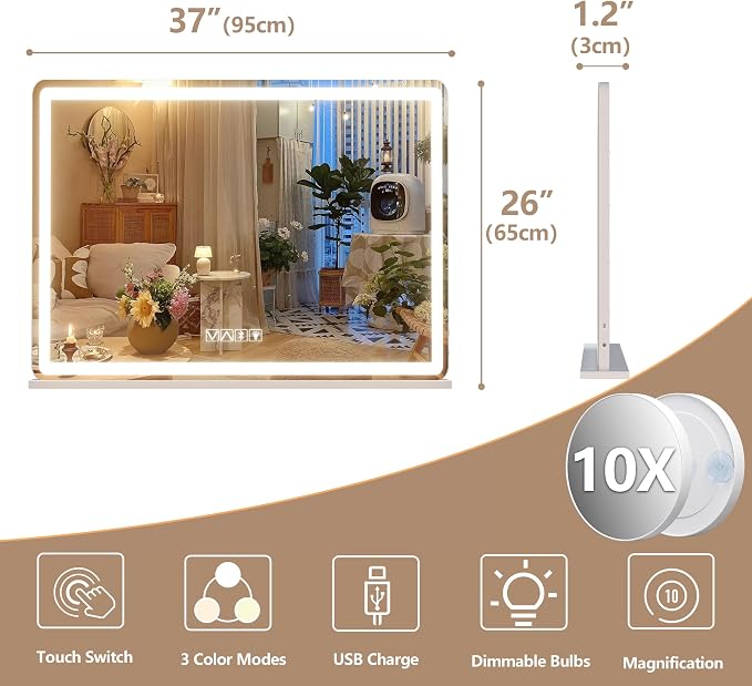 Hasipu Vanity Mirror with Lights and Bluetooth Speaker, 37.4" x 25.6" LED Makeup Mirror, Lighted Makeup Mirror with Dimmable 3 Modes, Touch Screen Control Vanity Mirror Round White