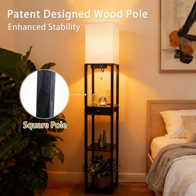 Shelf Floor Lamp with 1 Drawer,2 USB-C Ports,1 AC Outlets, Modern Wood Floor Lamp with Storage, Corner Display Standing Lamp for Living Room, Bedroom, Office