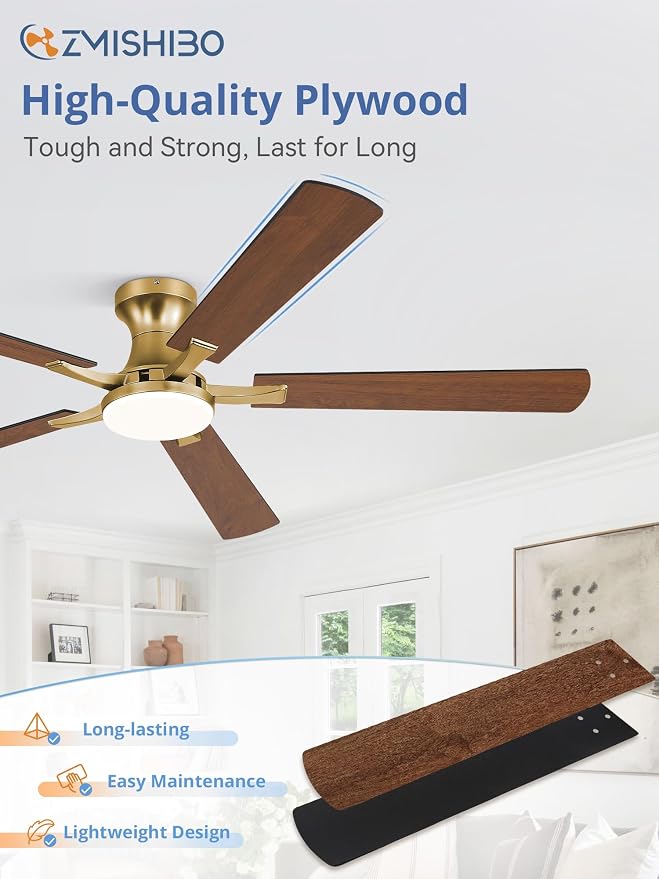 ZMISHIBO 60 Inch Ceiling Fans with Lights, Remote&App Control, Flush Mount | Low Profile, Dimmable 20W LED Light, Quiet Reversible Motor, Strong Airflow, Easy Install for Bedroom/Living Room/Apt, Gold
