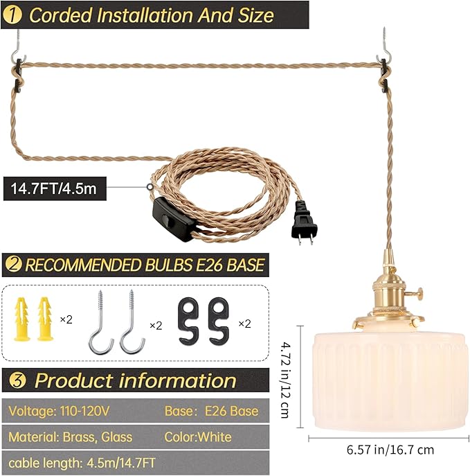 Plug in Pendant Light Hanging Light Fixtures with Plugin Cord On/Off Switch,White Striped Glass Lampshade Brass Pendant Light