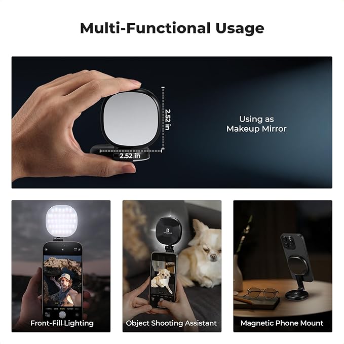 K&F CONCEPT Magnetic Selfie Light with 360°Rotation & Mirror, CRI95+ Foldable Phone Ring Light Compatible with iPhone Magsafe/Android, Portable LED Fill Light for Photography/Vlogging