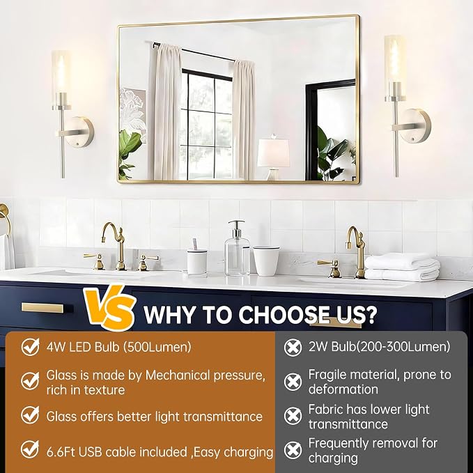 Shenmoyl Battery Operated Wall Sconces Set of 2, Nickel Rechargeable Wall Lighting Fixtures, Dimmable Wall Lights with Remote & Clear Glass Shade for Living Room, Bathroom,Bedroom