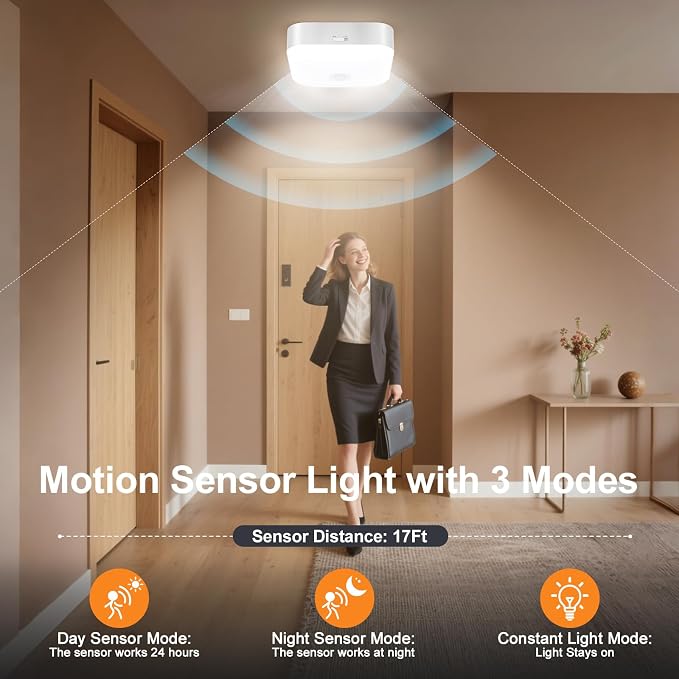 Rechargeable Motion Sensor Ceiling Light Indoor Closet Light with Remote | Battery Operated Ceiling Light with Timer - Wireless Dimmable Magnetic Mount Shower Lamp for Bathroom/Stairs/Garage/Hallway