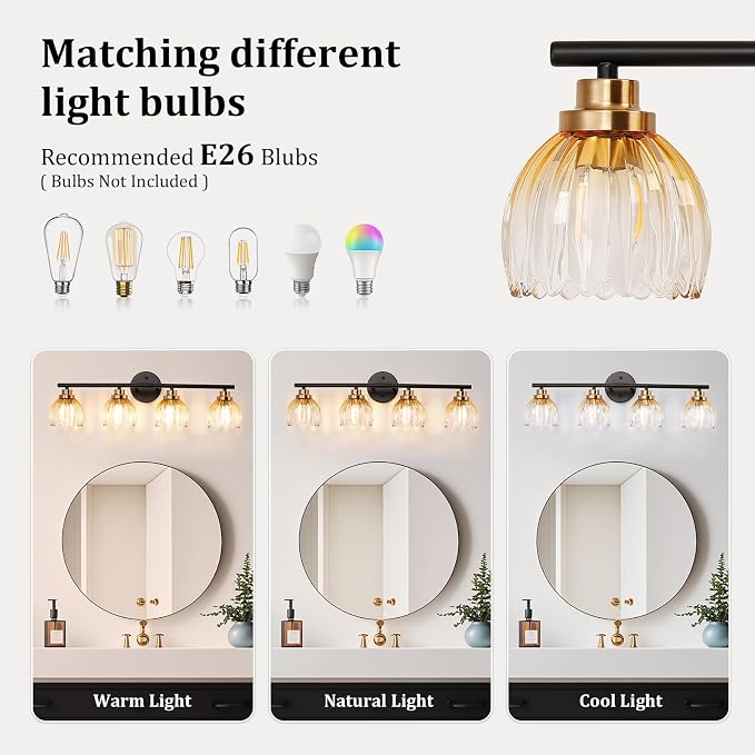 TALOYA Black Gold 4-Light Bathroom Vanity Light with Amber Tulip GlassShade | Modern Vanity Lighting Fixtures, Bathroom Lights Over Mirror, Wall Mount Mirror Light Fixtures for Bathroom Hallway Bedroom
