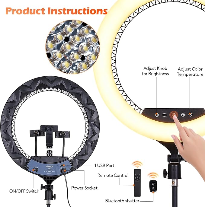 GWO 18 inch LED Ring Light with Tripod Stand 6000K Dimmable Makeup Selfie Light with Touch Panel Phone Holders for YouTube Vlog Video Shooting Include Carrying Bag and Remote Control CRI>90