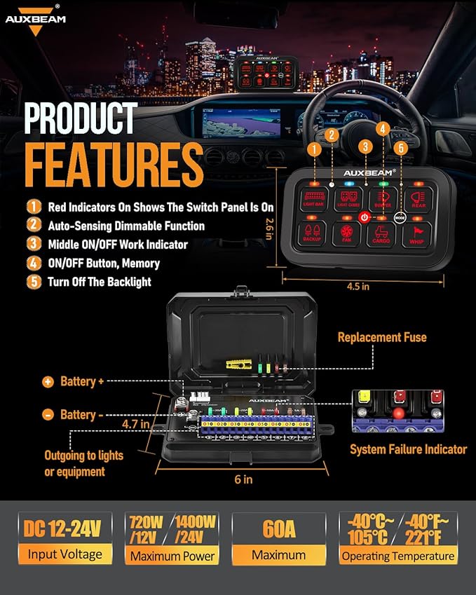 Auxbeam 8 Gang Switch Panel RA80 Toggle Momentary Pulsed RGB Dimmable Multifunction Switch Panel Easy Installation Marine Switch Pod IP65 Waterproof for Car Boat RV, 3 Years Warranty