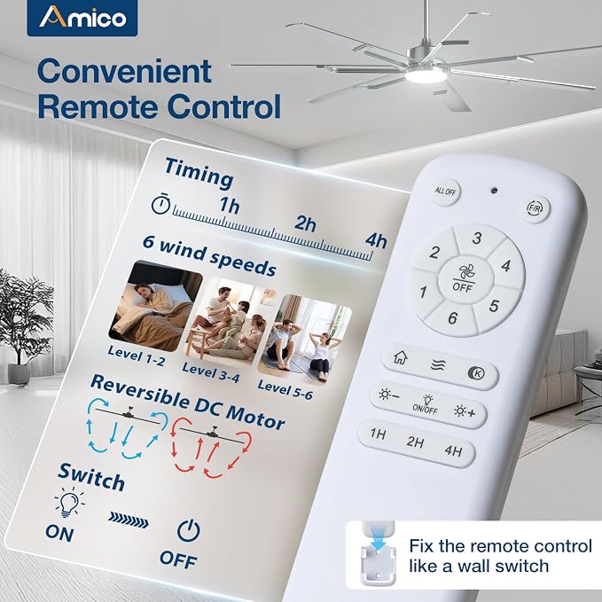Amico 66 Inch Ceiling Fans with Lights and Remote, Nickel | 6 Speed Reversible DC Motor, 3CCT, Dimmable, Quiet, Timer, Large Modern Ceiling Fan for Living room, Indoor/Outdoor