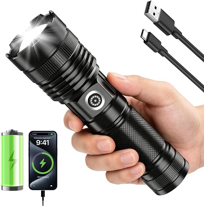 Rechargeable Flashlights High Lumens, Super Bright Tactical Flashlight 3 Modes with Power Display, Waterproof Zoomable LED Flash Light for Home Emergencies Camping Hiking