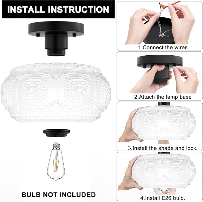 Semi Flush Mount Ceiling Light, Upgraded Larger Milk Glass Shade Modern Ceiling Light Fixture, Vintage Black Lighting for Hallway Bedroom Entryway Kitchen Porch